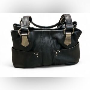 Tignanello Black Pebbled Leather Satchel Shoulder Bag Silver Hardware Striped